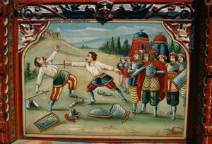 Målad, handsnidad, traditionell siciliansk vagn, Sicilien, Italien, Detalj