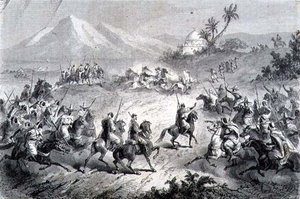 Ett äventyr, resenärer attackerade av brigander, illustration från "The Return to the World" (gravyr) av School Spanish