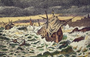 Förstörelse av stormar av den oövervinnerliga spanska armadan, skickad av kung Filip II mot England 1588 (handfärgad gravyr)