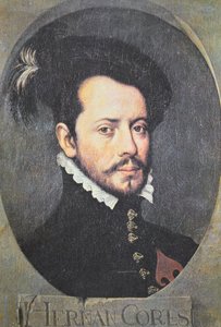 Porträtt av Hernan Cortes (färg litho) av School Spanish