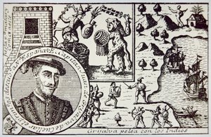 Spanjorer under Juan de Grijalva landar vid Yucatan och engagerar Maya-krigare i slaget vid Champoton, maj 1518 (litho) av School Spanish