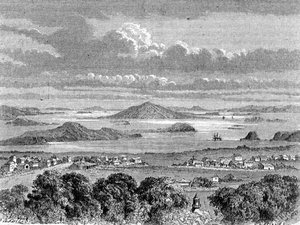 Utsikt över Aucklands hamn, illustration från "The Return to the World" av School Spanish