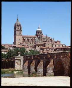 Vy över den romerska bron på floden Tormes och katedralen av School Spanish