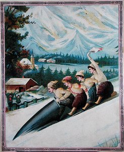 Turister pulka, tidigt 1900-tal (färg litho) av School Swiss