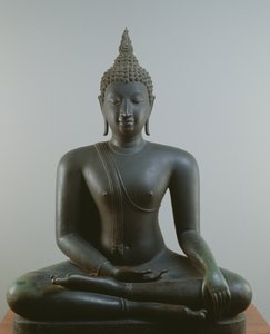 Buddha sitter i meditation, Sukhothai-stil (brons)