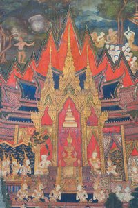 Muralmålningar i Buddhaisawan-kapellet som visar Indra som kommer ner från himlen strax efter Buddhas kremering och rycker åt sig den mest värdefulla reliken, en tand som är gömd i brahminens chignon av School Thai
