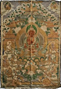 Amitabha (det rena landets buddha) - Tibetansk målning, pigment och guld på tyg, slutet av 1800-talet, 74x51 cm - (Amitayus Buddha Thangka, Tibetansk kultur, Pigment och guld på textil, Slutet av 1800-talet) - Privat samling