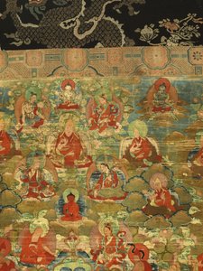 Detalj av tredje Panchen Lama Losan Penden Yeshe (gouache på tyg) av School Tibetan