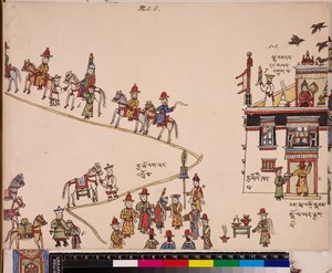 Illustration av en del av en bröllopsceremoni: bruden hämtas vid sitt hem, ca 1844 - 62 (pigment på papper)