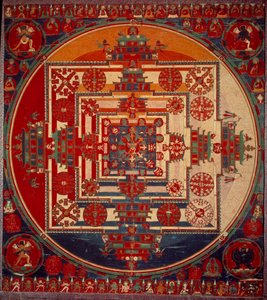 Gudinnan Mandala de Vajravarami dansar (i mitten) dess namn betyder "" adamantine laie""". Tibet 1800-talet. Paris, Musée Guimet