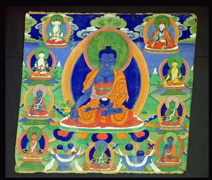 Thangka-målning som visar medicinens Buddha, Bhaishajyaguru (Menla) tibetansk