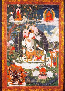 Bodhisattvan Avalokitesvara Padmapani sitter, tanka eller thangka (buddhistisk banderoll), tibetansk civilisation