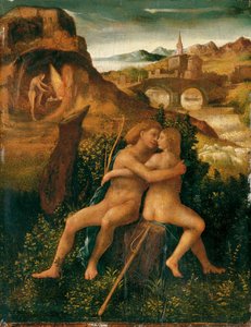 Venus och Mars i ett flodlandskap med Vulcan arbetande i sin smedja, ca 1500 (olja på panel) av School Venetian