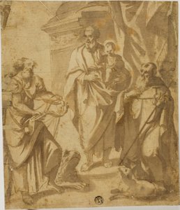 Saint Joseph and Christ Child, med de heliga Markus och Anthony av School of Guido Reni