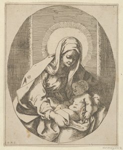 Jungfrun håller spädbarnet Kristus i sitt knä, en oval komposition, efter Reni, 1620-50., 1620-50. av School of Guido Reni
