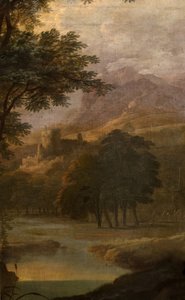 Landskap med slott på avstånd, 1725. av School of Jacques Rousseau