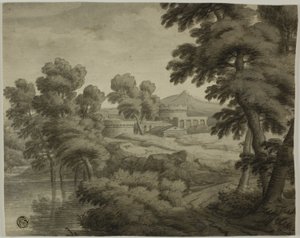 Italienskt landskap med slott, träd och vatten i förgrunden av School of Nicolas Poussin