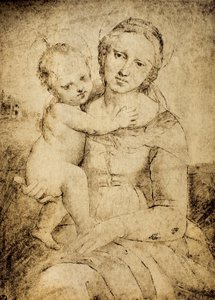 Madonna och barn, teckning från Rafaels skola, Cabinet of Drawings and Prints, Uffizi Gallery, Florens