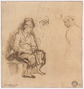 Kvinna som sitter på bänk och tre skisser av huvuden av School of Rembrandt van Rijn