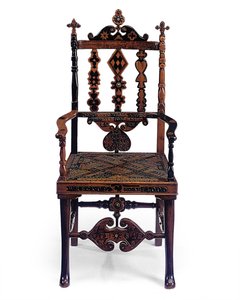 Inlagd och snidad öppen fåtölj kodad med ett lapptäcke av olika fraser, tidigt 1800-tal av Scottish School