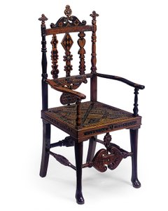 Inlagd och snidad öppen fåtölj kodad med ett lapptäcke av olika fraser, tidigt 1800-tal (mossek & mosseyew med oädel metall) av Scottish School