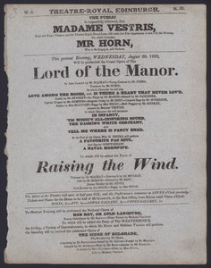 Teaterprogram för Theatre Royal, Edinburgh, 20 augusti 1823 (litho) av Scottish School