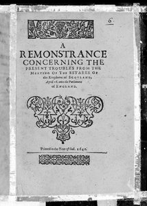 Titelsida för en remonstrance angående de nuvarande problemen från mötet mellan ständerna i Kingdome of Scotland, publicerad 1640 (tryckt papper) av Scottish School