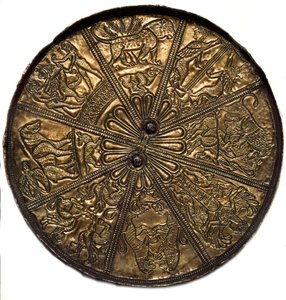 Art Scythian (skytisk eller skytisk civilisation): silverspegel täckt av guld från tumulus n°4 i Kelermes, Krasnodar-regionen till Kuban i Ryssland (650-620), 700-talet f.Kr. Sankt Petersburg, Hermitagemuseet