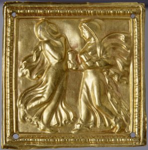 Art des steppes - skytisk konst : Fyrkantig plakett med dansare. Guld, storlek: H 4,7, 300-talet f.Kr., Eremitaget, St. Petersburg av Scythian