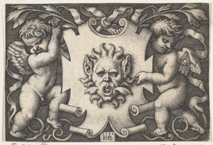 En mask på en skylt med stöd av två genier, 1544. av Sebald Beham