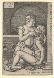 Cimon satte sig mot en kolonn till höger, diande från Pero som ligger på knä bredvid honom, 1544. av Sebald Beham