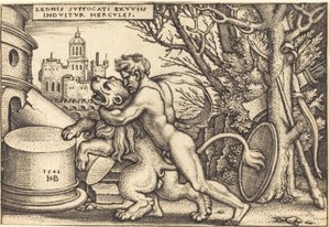 Hercules dödar det Nemeiska lejonet av Sebald Beham