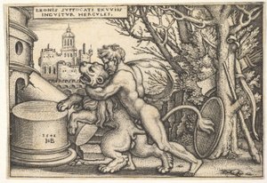 Hercules, i profil, dödar det Nemeiska lejonet med armen runt dess hals, från 
