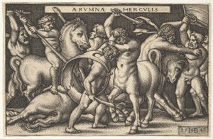 Hercules med sin klubba i mitten kämpar mot en kentaur, andra män kämpar mot kentaurer till vänster..., 1542.