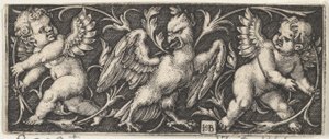 Horisontell panel med en örn flankerad av två genier, 1544. av Sebald Beham