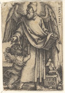 Plåt 1: Saint Matthew med huvudet vänt i profil till vänster, en kerub längst ner till vänster..., 1541. av Sebald Beham
