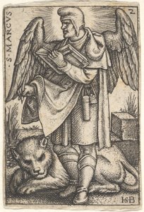 Plåt 2: Markus, hans huvud vänt i profil åt vänster, med en öppen bok i hans högra..., 1541. av Sebald Beham
