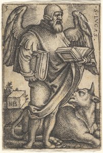 Plåt 3: Saint Luke med huvudet vänt i profil åt höger, en bok i varje hand, en f..., 1541. av Sebald Beham