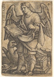 Plåt 4: Sankt Johannes med huvudet vänt tre fjärdedelar åt vänster, med en bok i hans ri..., 1541. av Sebald Beham