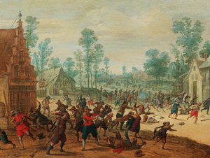 Stridande soldater i en by, ca 1630.