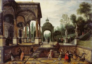 Italiensk trädgård med galleri och figurer, första tredjedelen av 1600-talet..