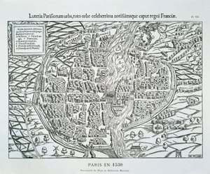 Paris stadsplan c.1530 (trägravyr) av Sebastian (after) Münster