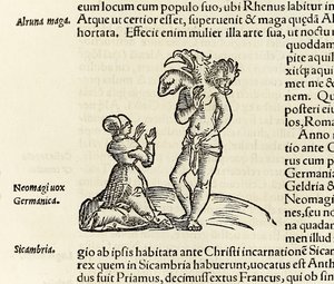 En häxa tillkallar en trehövdad demon, från 1550 års upplaga av 