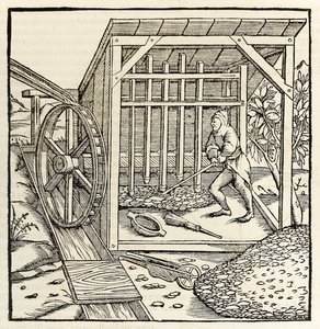 Gruvdrift med vattenhjul, från 1550 års upplaga av 