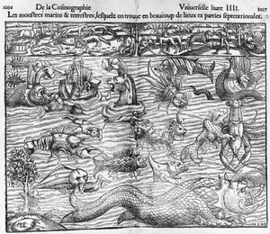 Havs- och landmonster, illustration från Cosmographia Universalis, av Sebastian Munster (1489-1552)