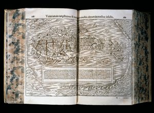 Venedig, illustration från Cosmographia, av Sebastian Munster (1488-1552), träsnitt, 31x22 cm, H. Petri-tryck, Basel av Sebastian Munster