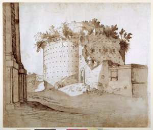 Ett mausoleum (penna & brunt bläck på papper) av Sebastian Vrancx