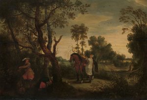 En kvinna sitter upp på sin rånares häst: "De Gestrafte Rover", ca 1635 (olja på pannå)
