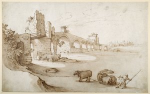 En förare som uppmanar ett team tjurar att simma i Tibern vid Ponte Milvio Crossing (penna och brunt bläck med brunt tvätt på papper) av Sebastian Vrancx