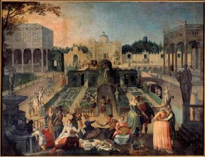 En fest i parken för hertigen av Mantua Picknick, musik, galant scener i trädgårdarna i hertigen av Gonzagas palats (Gonzaga). Målning av Sebastien Vrancx (1573-1647) 1600-talet sön. 1,42 x 1,88 m Rouen musee des Beaux Arts